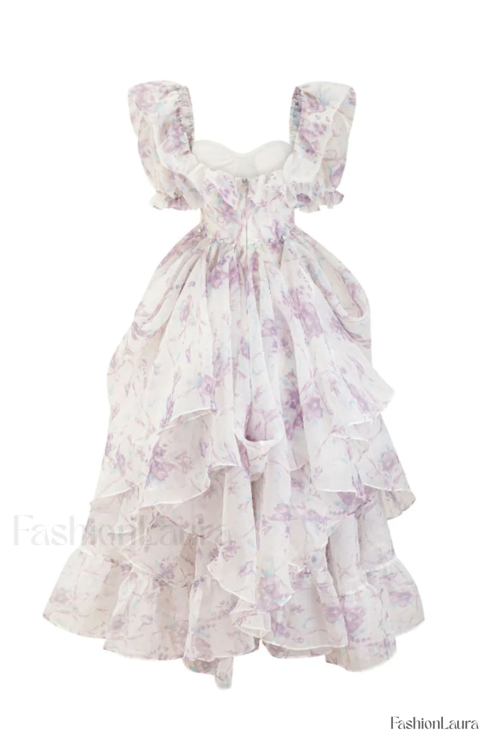 Puff Sleeve Floral Charming Organza Layered Split Dress
