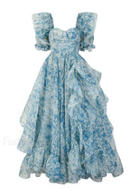 Puff Sleeve Floral Charming Organza Layered Split Dress S / Blue
