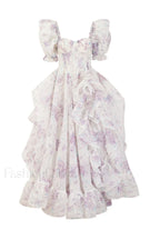 Puff Sleeve Floral Charming Organza Layered Split Dress S / Lilac