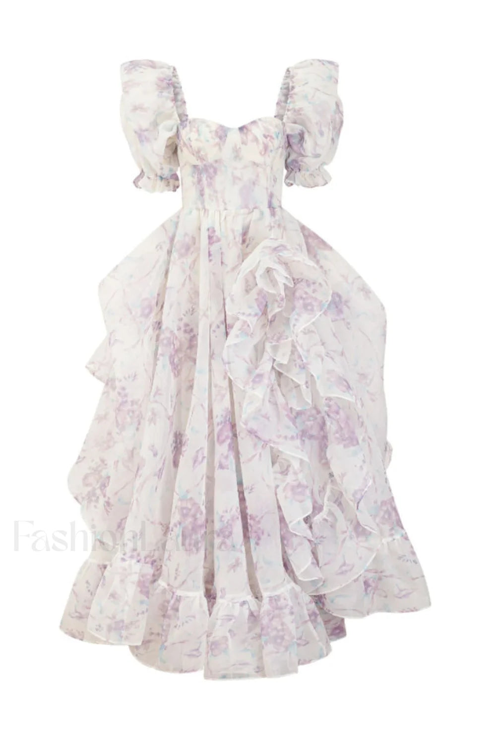 Puff Sleeve Floral Charming Organza Layered Split Dress S / Lilac