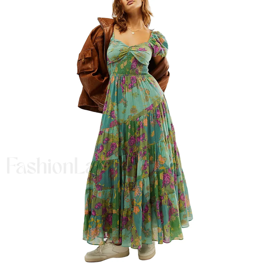 Puff Sleeve Floral Flowy Maxi Dress Green / S