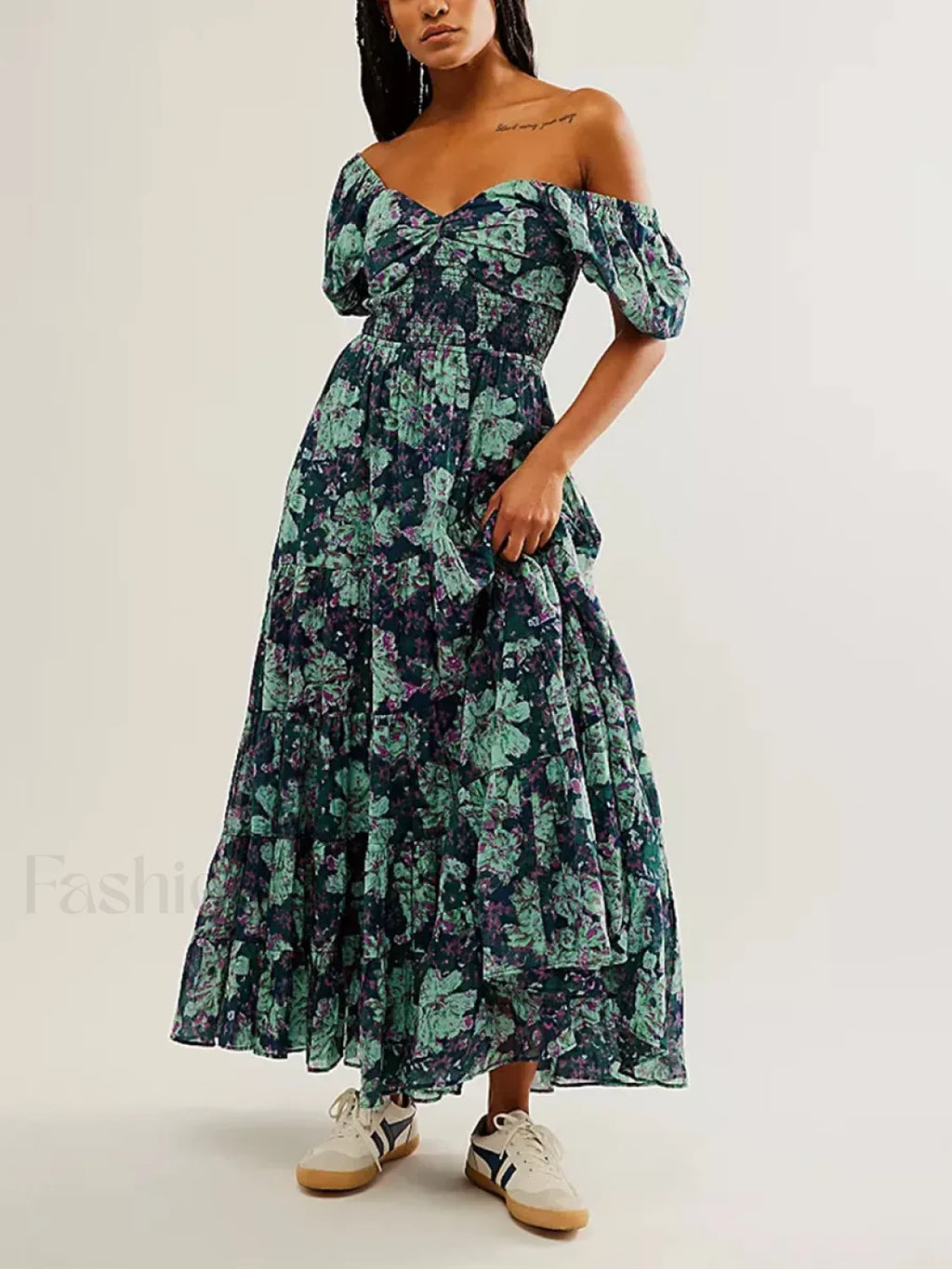 Puff Sleeve Floral Flowy Maxi Dress Navy Blue / S