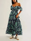 Puff Sleeve Floral Flowy Maxi Dress Navy Blue / S