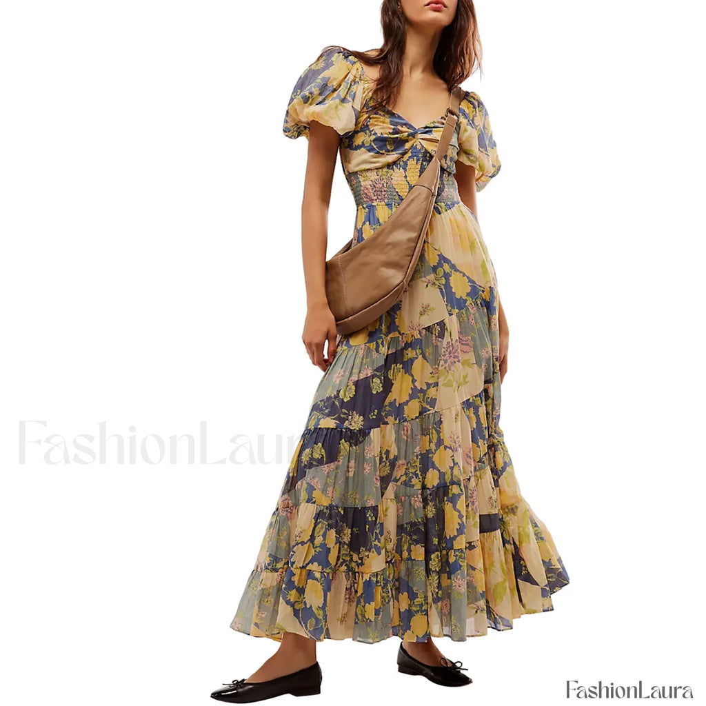 Puff Sleeve Floral Flowy Maxi Dress ORANGE RED / S