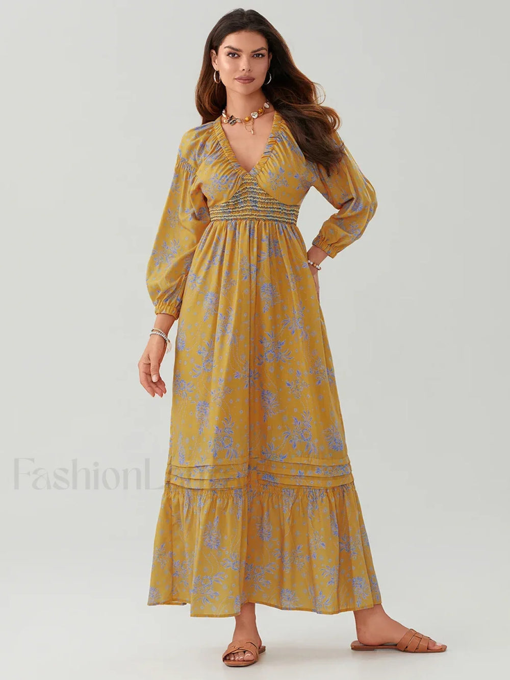 Puff Sleeve Flowy Boho Dress color1 / S