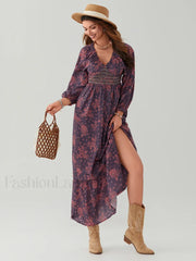 Puff Sleeve Flowy Boho Dress color10 / S