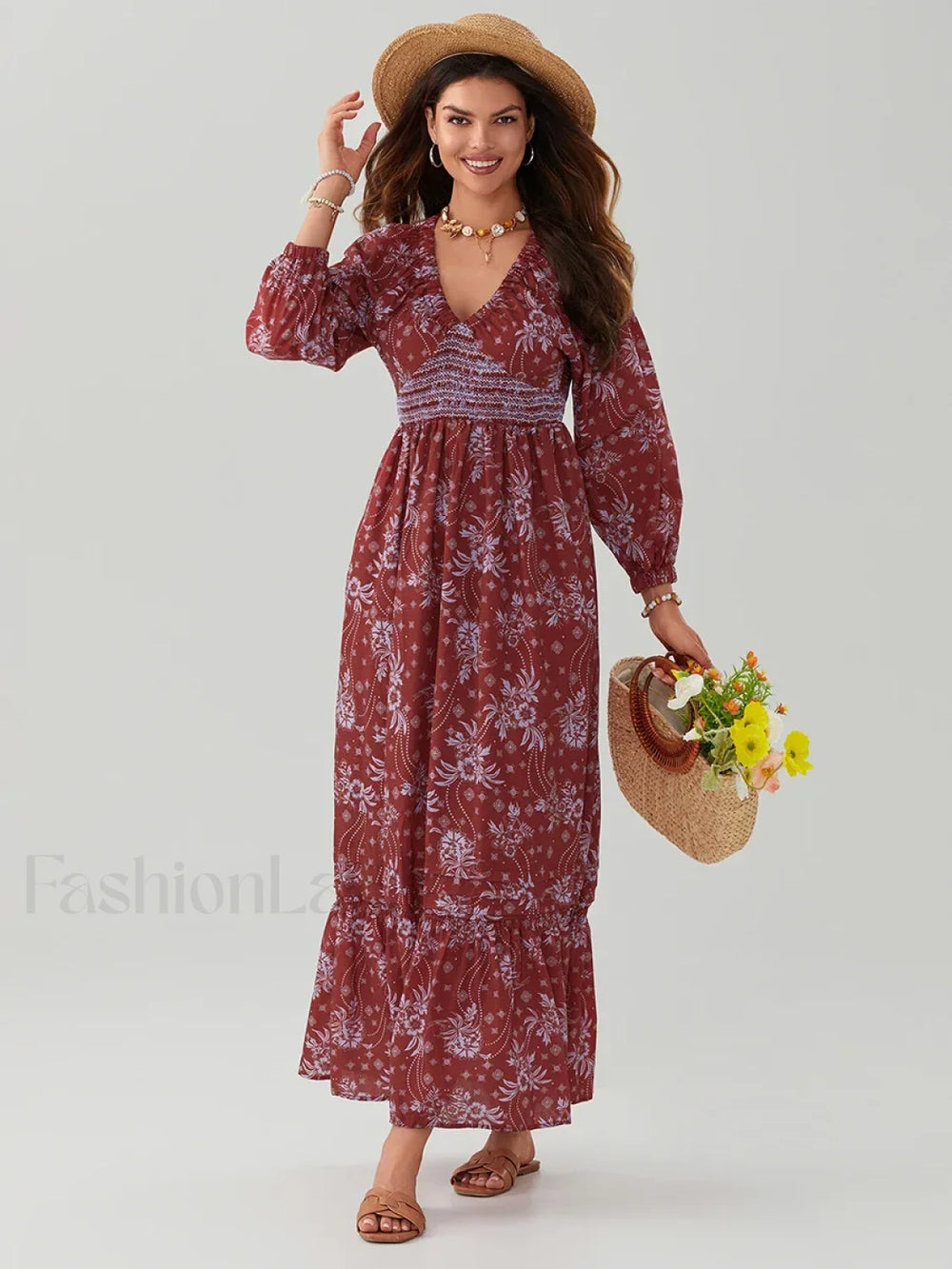 Puff Sleeve Flowy Boho Dress color11 / S