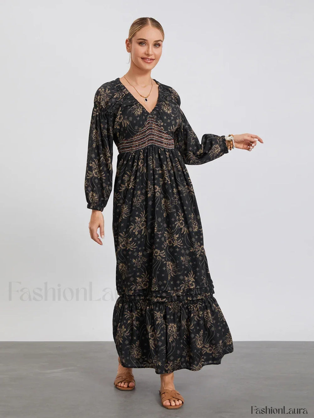 Puff Sleeve Flowy Boho Dress color2 / S