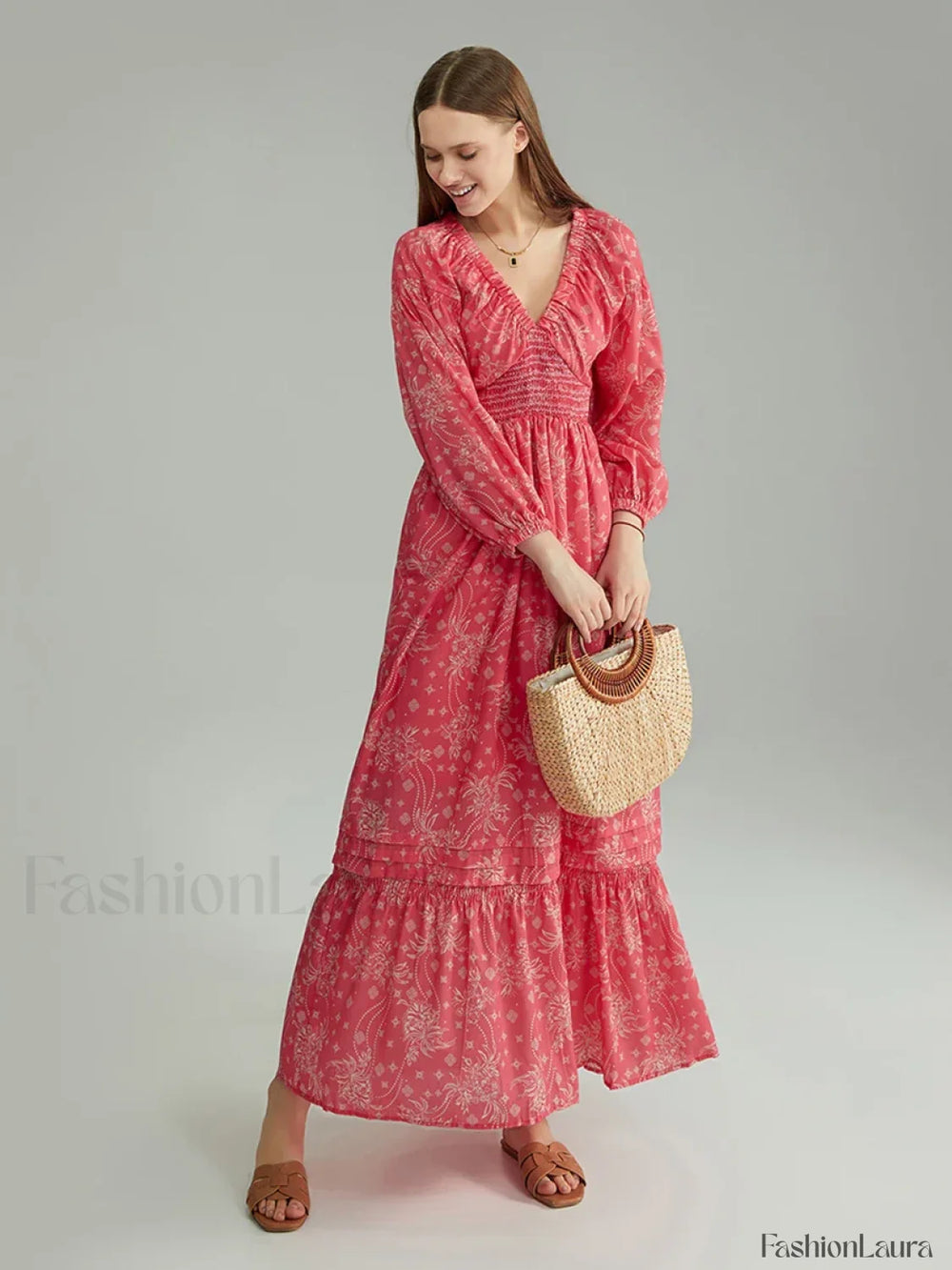 Puff Sleeve Flowy Boho Dress color7 / S