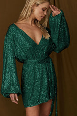 Puff Sleeve Stylish Sequin Mini Dress