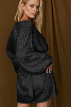 Puff Sleeve Stylish Sequin Mini Dress L / Black