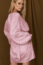 Puff Sleeve Stylish Sequin Mini Dress S / Pink