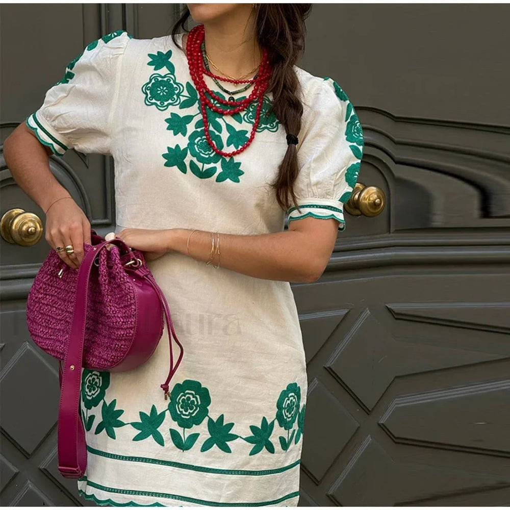 Puff Sleeve Wave Hem Boho Dress Green / S