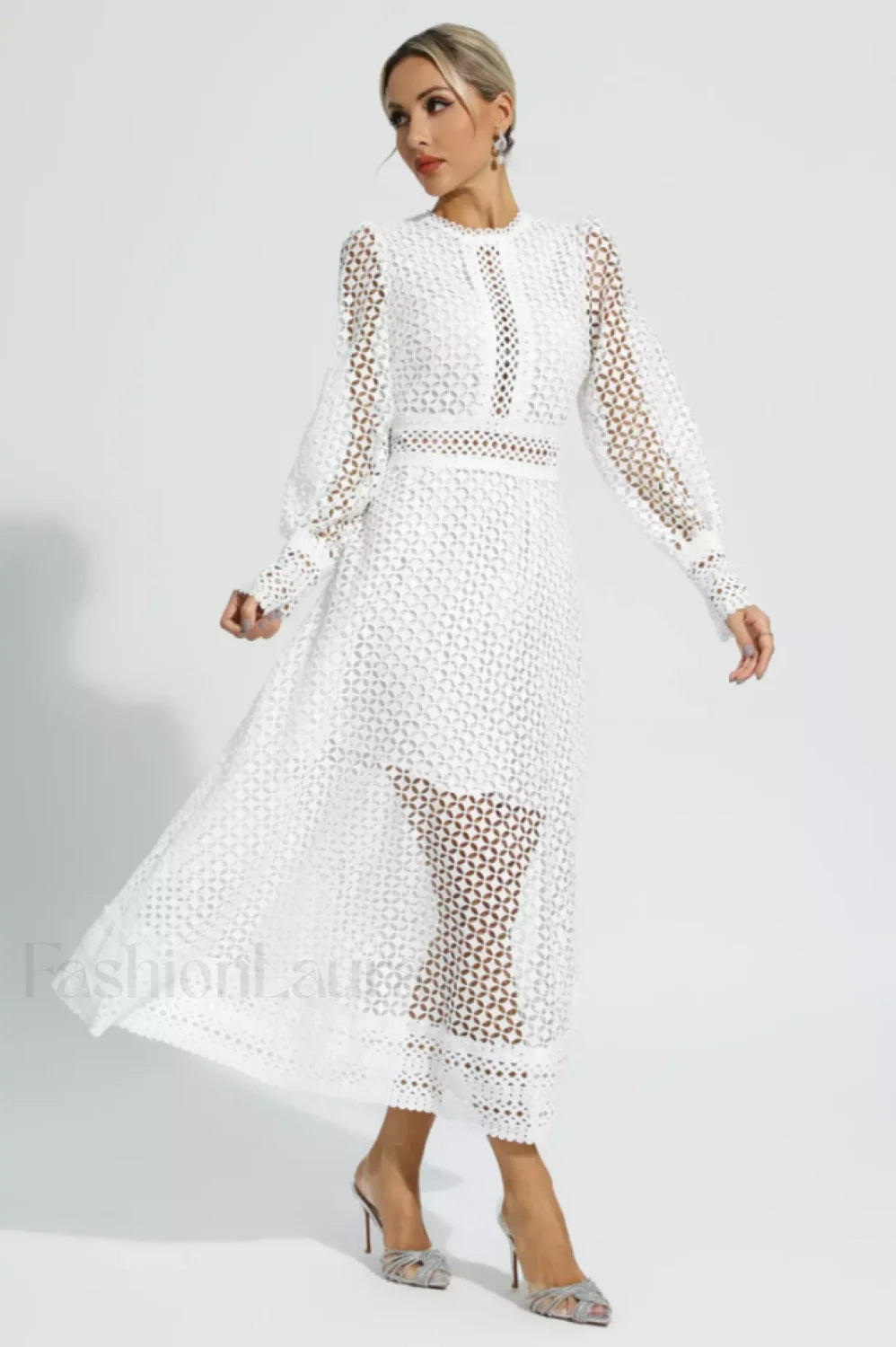 Puff Sleeves Fit Charming & Flare Midi Dress S / White
