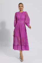 Puff Sleeves Fit Charming & Flare Midi Dress M / Purple