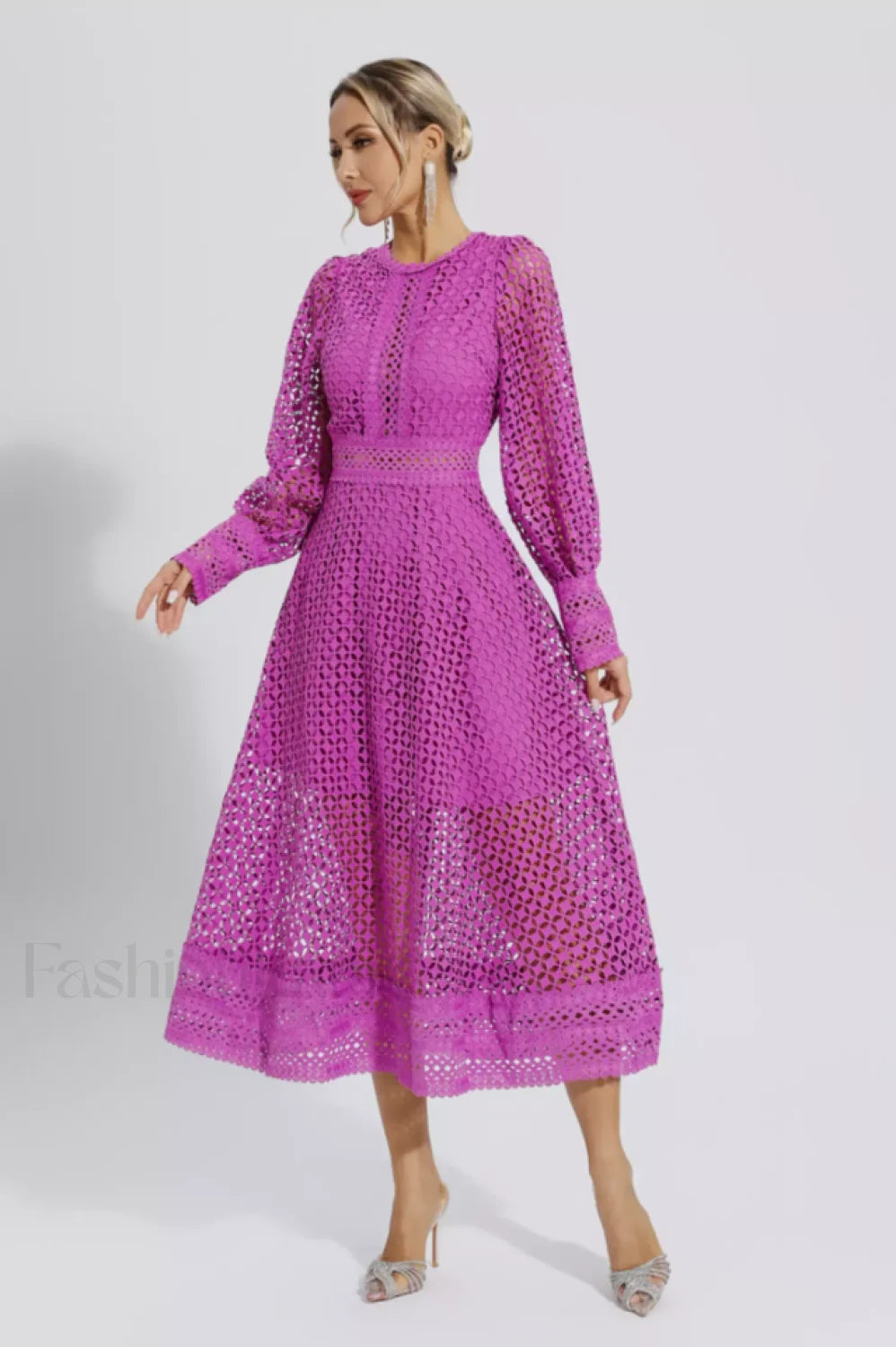 Puff Sleeves Fit Charming & Flare Midi Dress S / Purple