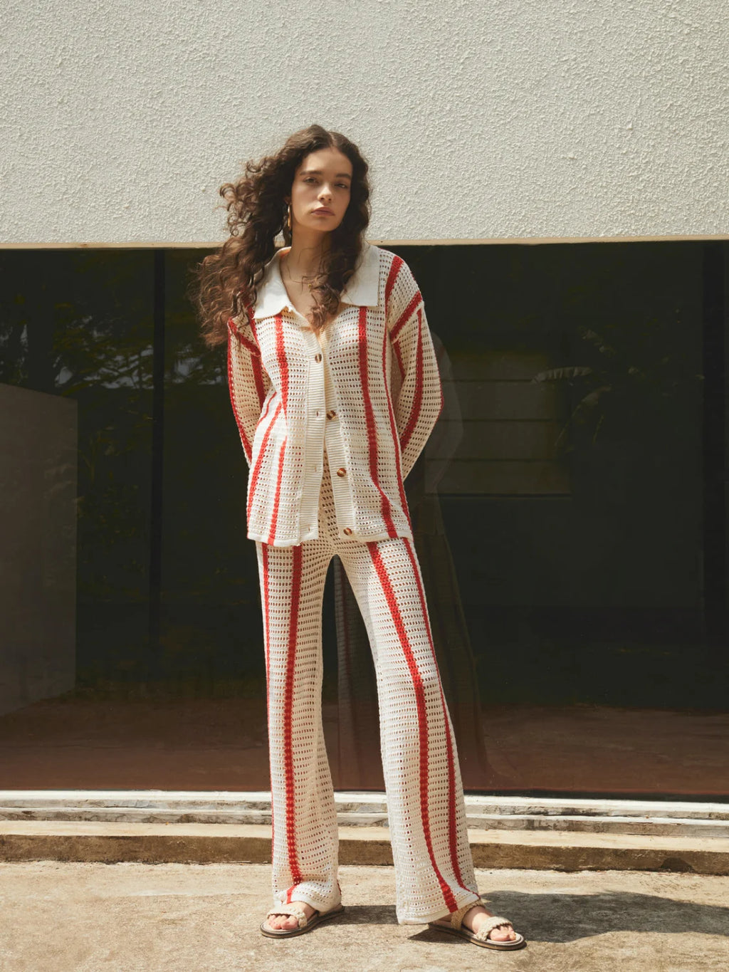 Puglia Stripe Crochet Long Modern Sleeve Two Piece Pants Set Pant Sets
