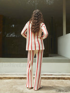 Puglia Stripe Crochet Long Modern Sleeve Two Piece Pants Set Pant Sets