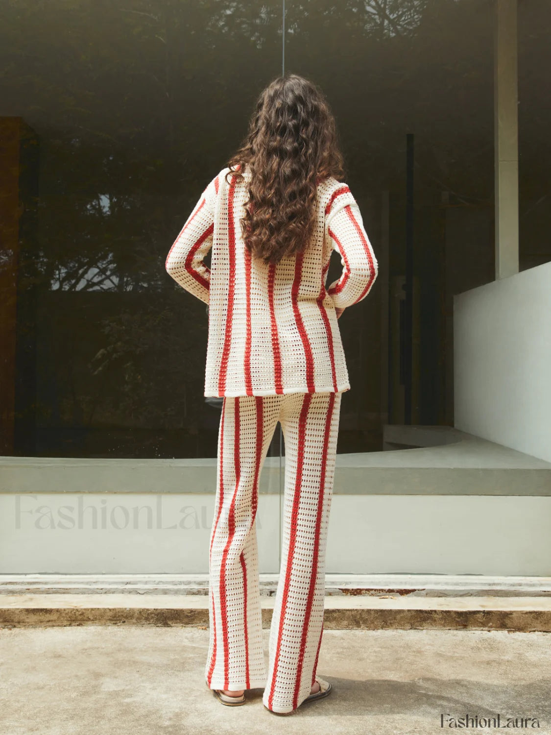 Puglia Stripe Crochet Long Modern Sleeve Two Piece Pants Set Pant Sets