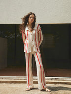 Puglia Stripe Crochet Long Modern Sleeve Two Piece Pants Set Pant Sets