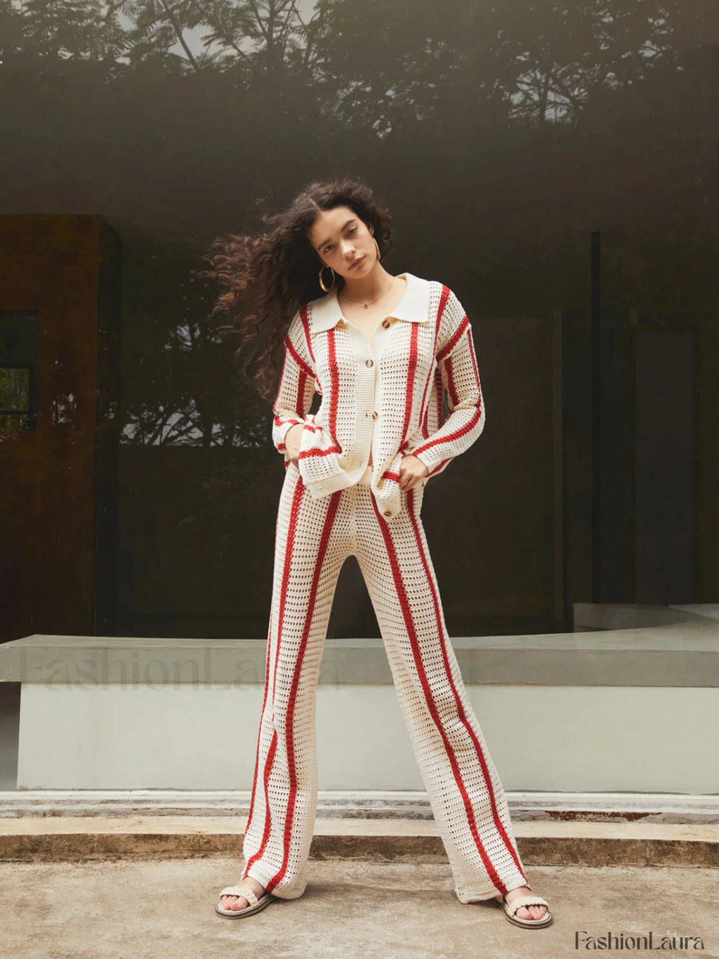 Puglia Stripe Crochet Long Modern Sleeve Two Piece Pants Set Pant Sets