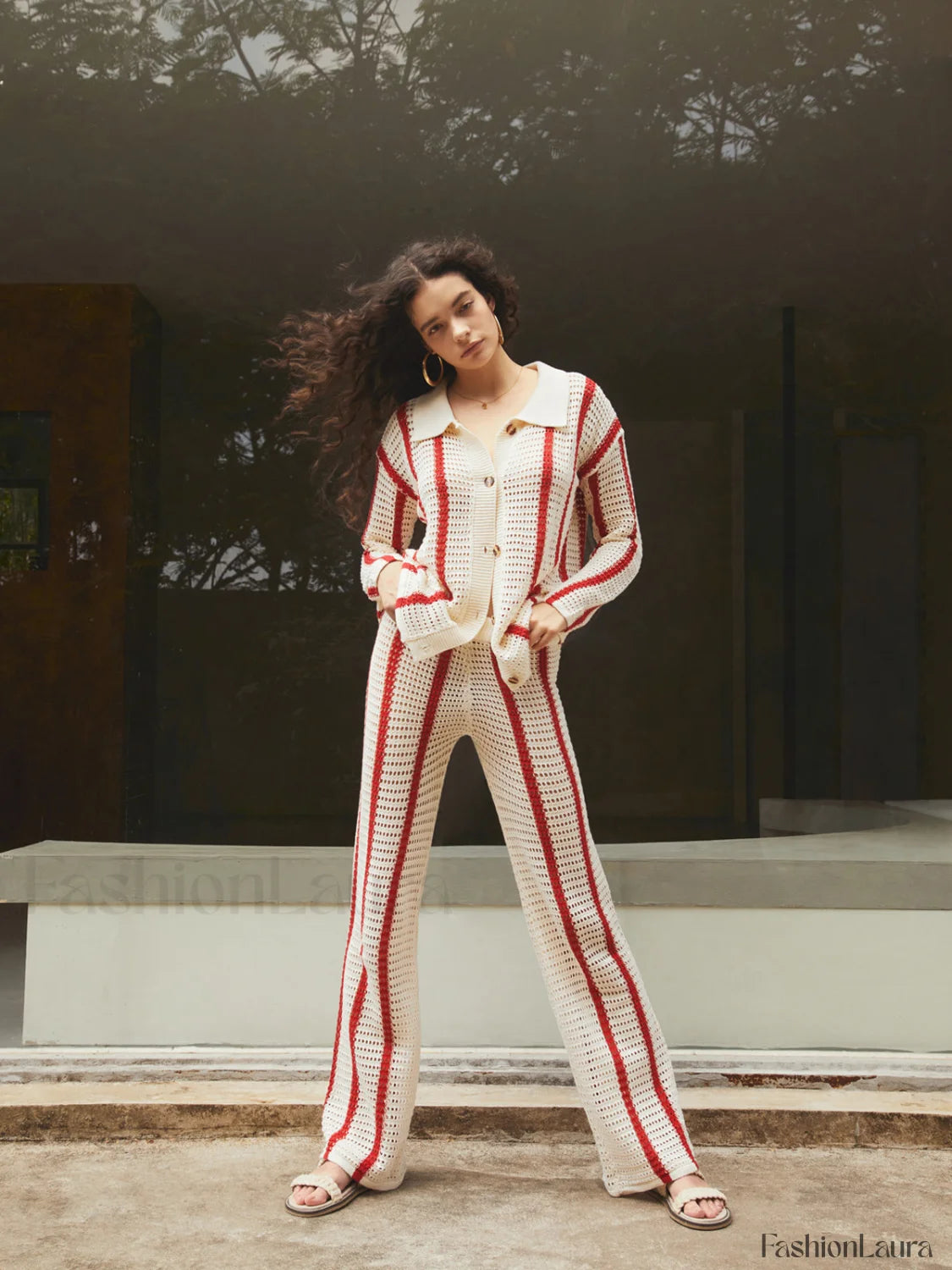 Puglia Stripe Crochet Long Modern Sleeve Two Piece Pants Set Pant Sets
