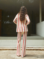 Puglia Stripe Crochet Long Modern Sleeve Two Piece Pants Set Pant Sets