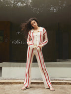 Puglia Stripe Crochet Long Modern Sleeve Two Piece Pants Set Pant Sets