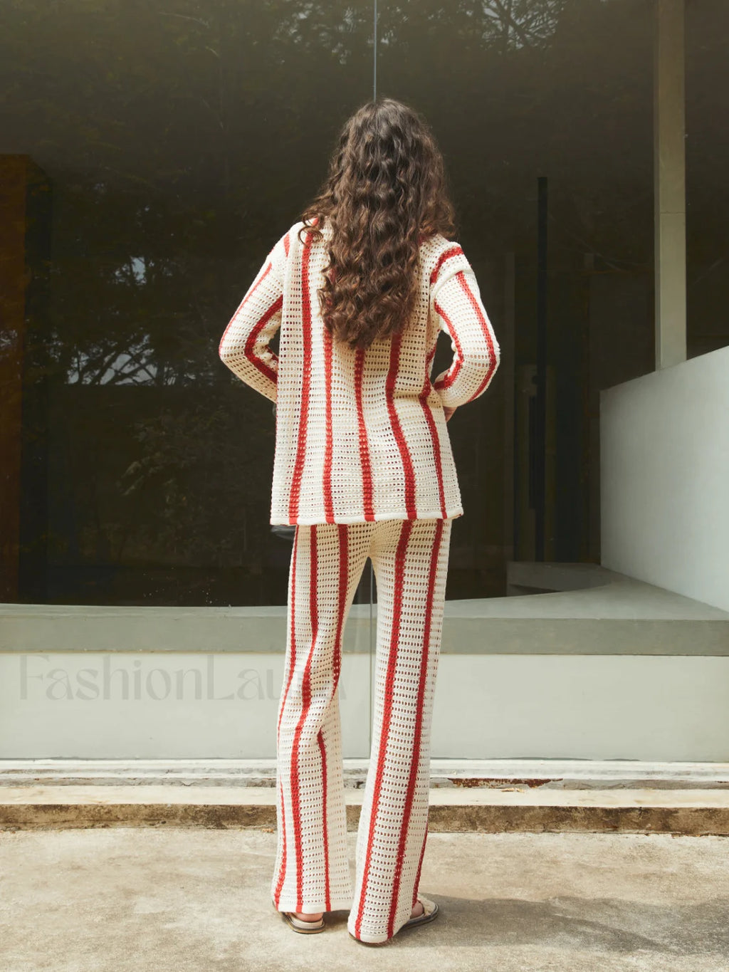 Puglia Stripe Crochet Long Modern Sleeve Two Piece Pants Set Pant Sets