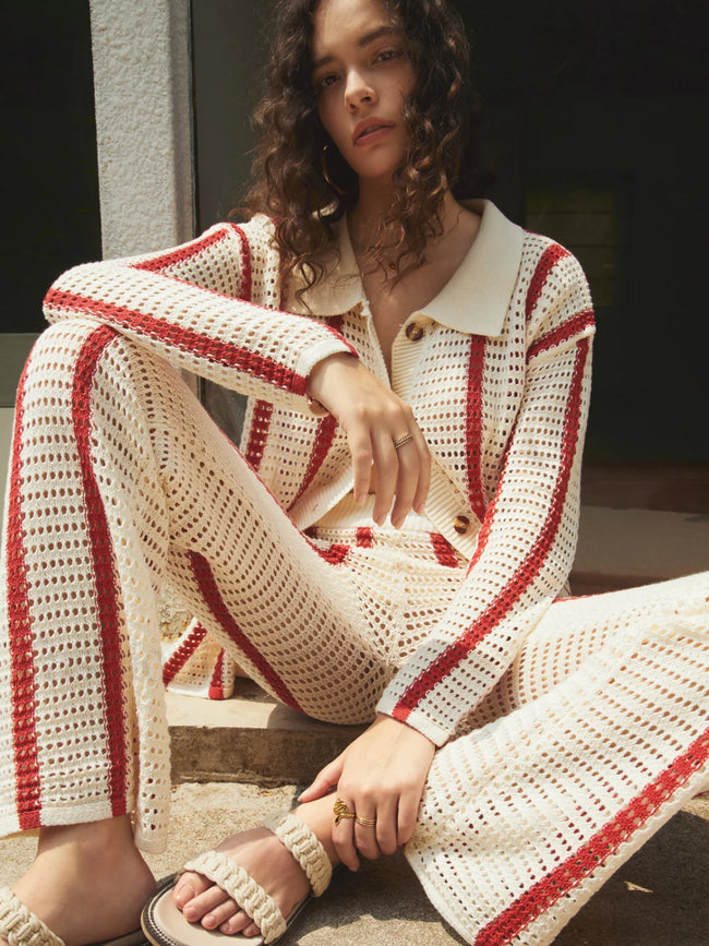 Puglia Stripe Crochet Long Modern Sleeve Two Piece Pants Set Red / XS Pant Sets Main image