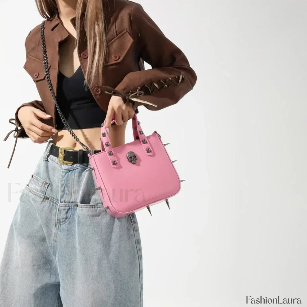 Punk Casual Y2K Crossbody Shoulder Korean Vintage Rivets Gothic Aesthetic Bag pink skull