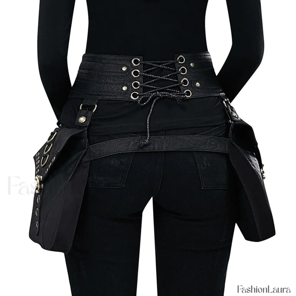 Punk Rivet Skull Retro Rock Gothic Hip Hop Rivet Thigh Waist Bag Black