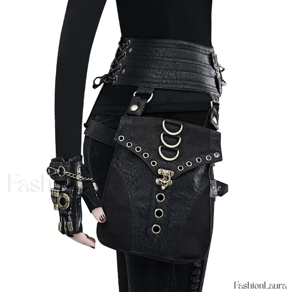 Punk Rivet Skull Retro Rock Gothic Hip Hop Rivet Thigh Waist Bag Black