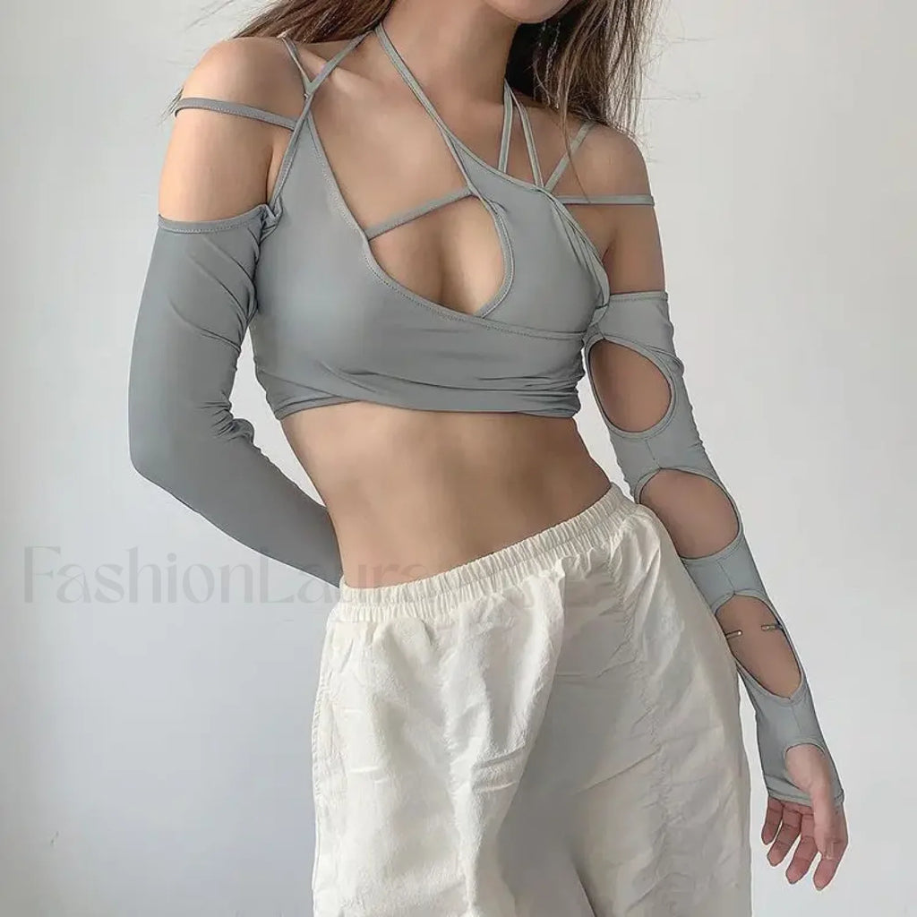 Punk Y2K Gothic Slim Fit Hollow Out Long Sleeve T shirt Crop Top