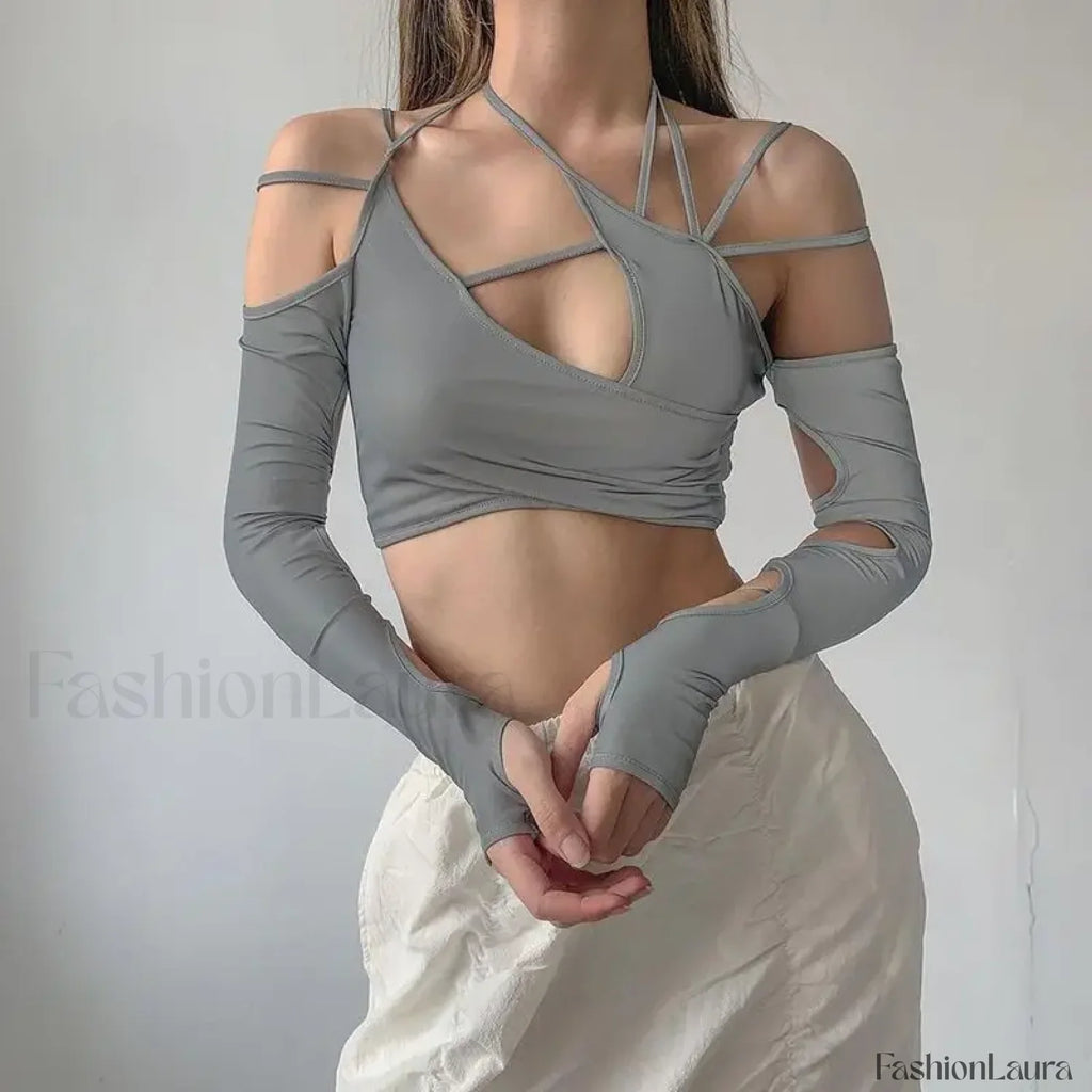 Punk Y2K Gothic Slim Fit Hollow Out Long Sleeve T shirt Crop Top