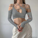Punk Y2K Gothic Slim Fit Hollow Out Long Sleeve T shirt Crop Top