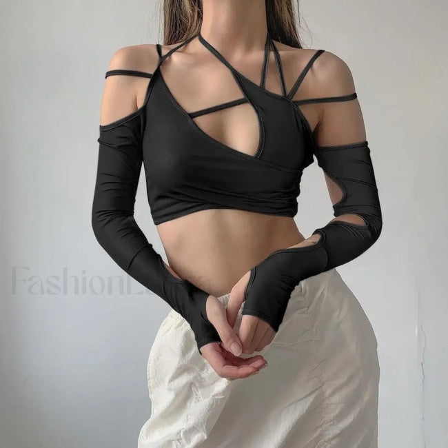 Punk Y2K Gothic Slim Fit Hollow Out Long Sleeve T shirt Crop Top Black / S Main image