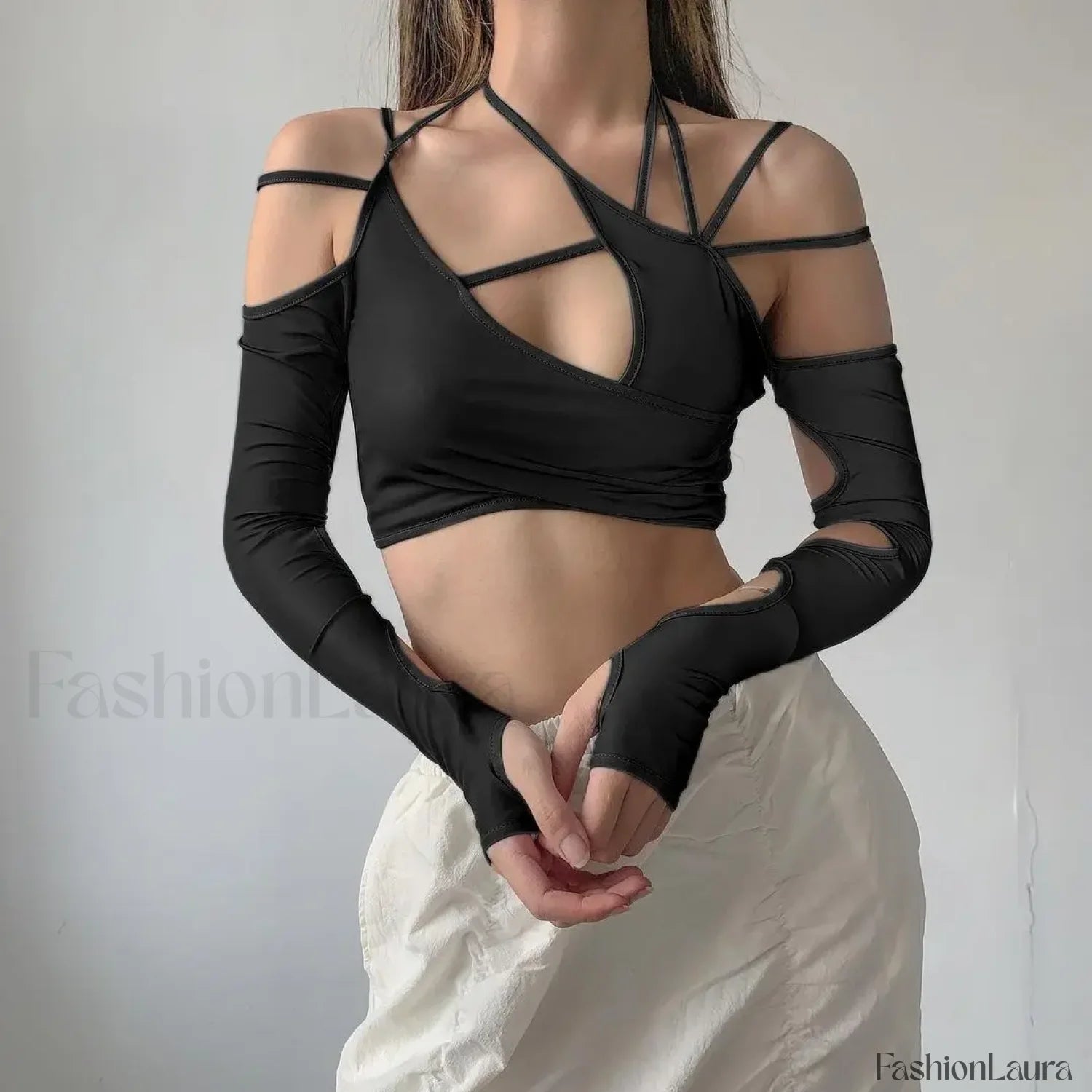 Punk Y2K Gothic Slim Fit Hollow Out Long Sleeve T shirt Crop Top Black / S
