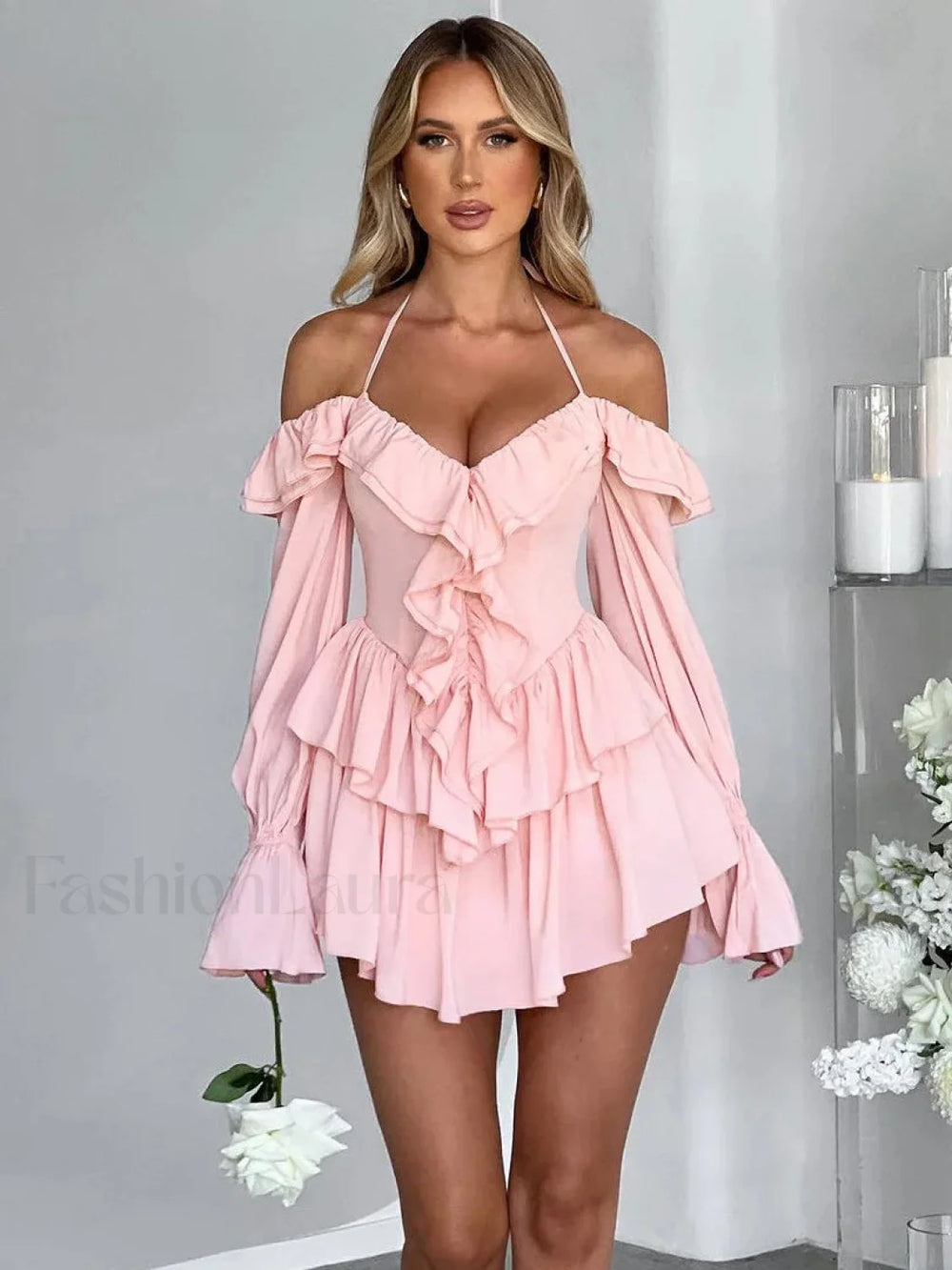 Pure Color Flare Sleeve Mini Dress Pink / XS