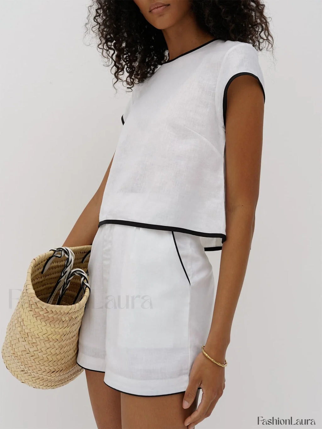 Pure Cotton Contrast Trendy Trim Shorts Set Short Sets