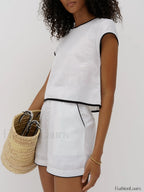 Pure Cotton Contrast Trendy Trim Shorts Set Short Sets