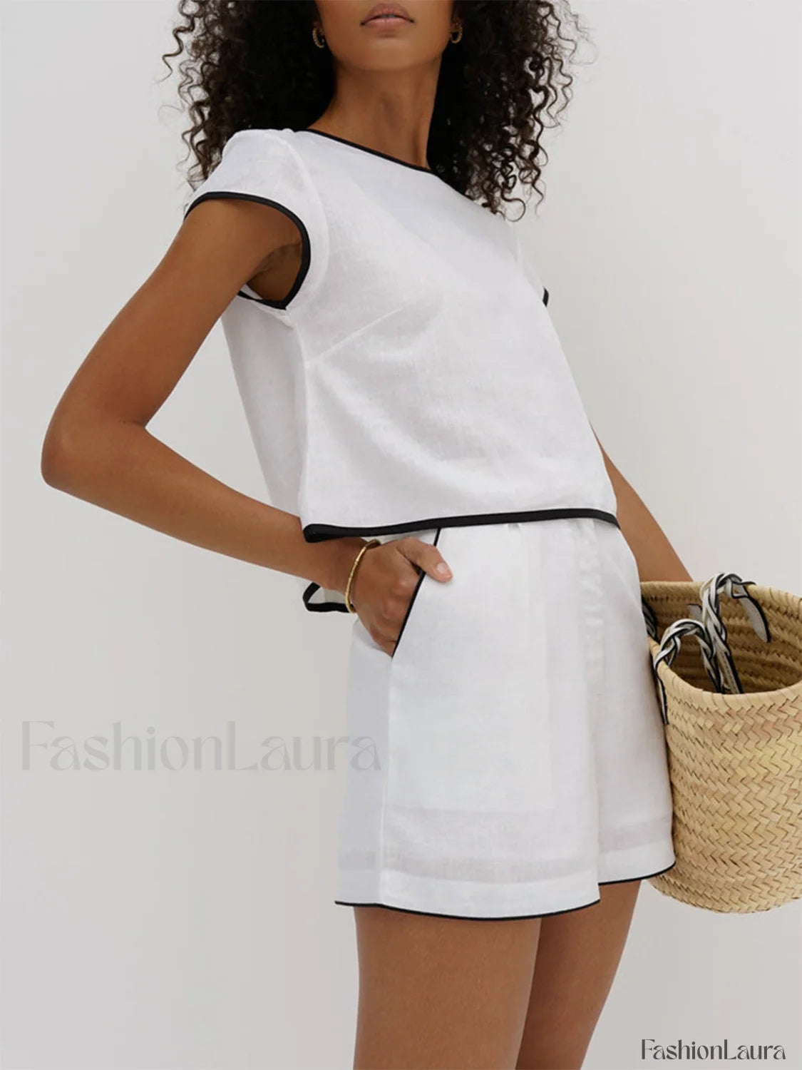 Pure Cotton Contrast Trendy Trim Shorts Set Short Sets