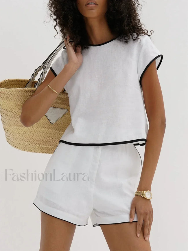 Pure Cotton Contrast Trim Shorts Set White / XS Short Sets Main image