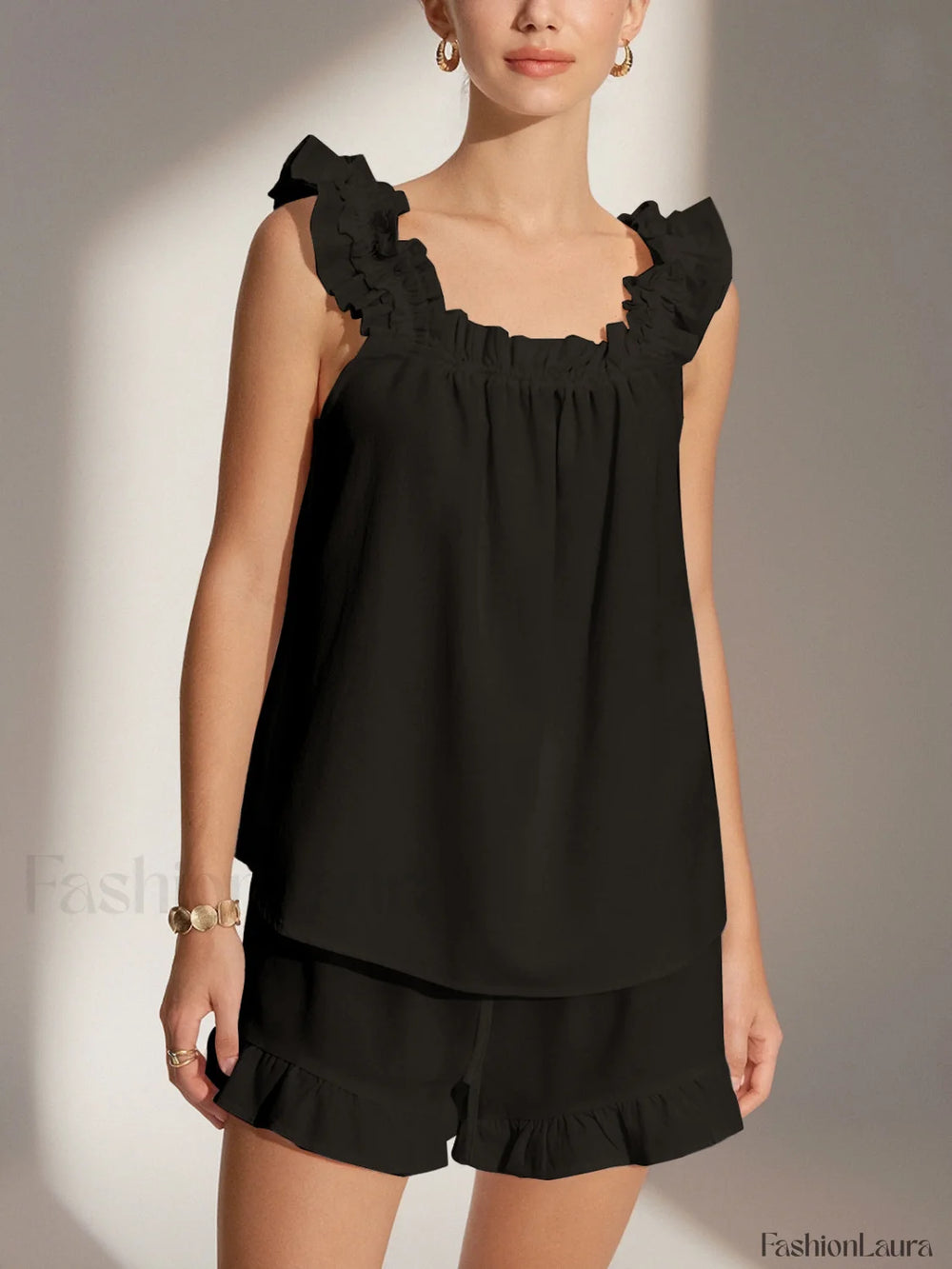 Pure Cotton Ruffle Shorts Set Black / XS Short Sets