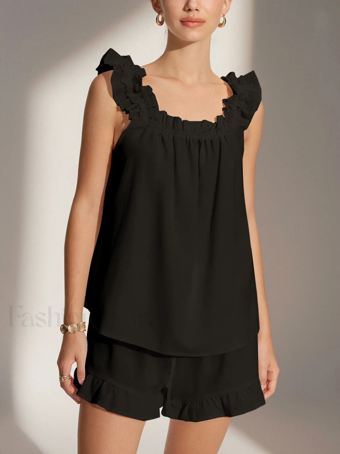 Pure Cotton Ruffle Shorts Set Black / XS Short Sets
