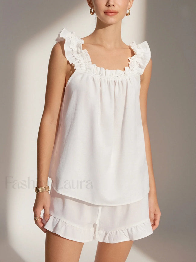 Pure Cotton Ruffle Shorts Set White / XS Short Sets Main image