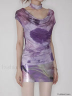 Purple Floral Acetate Hip Skirt