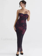 Purple Print Ruched Fishtail Maxi Dress