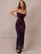 Purple Print Ruched Fishtail Maxi Dress Purple / S