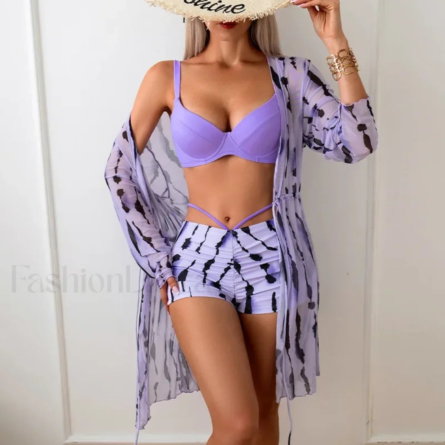 Purple Printed Kimono Cover Three Piece Set Purple / S Main image